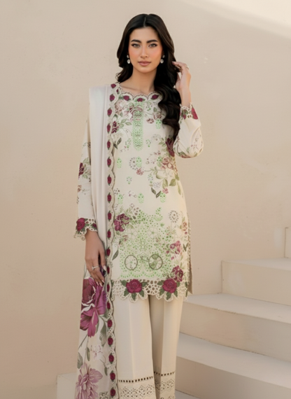 Cream Floral Unstitched Embroidered 3-Piece Lawn Suit with Matching Chiffon Dupatta