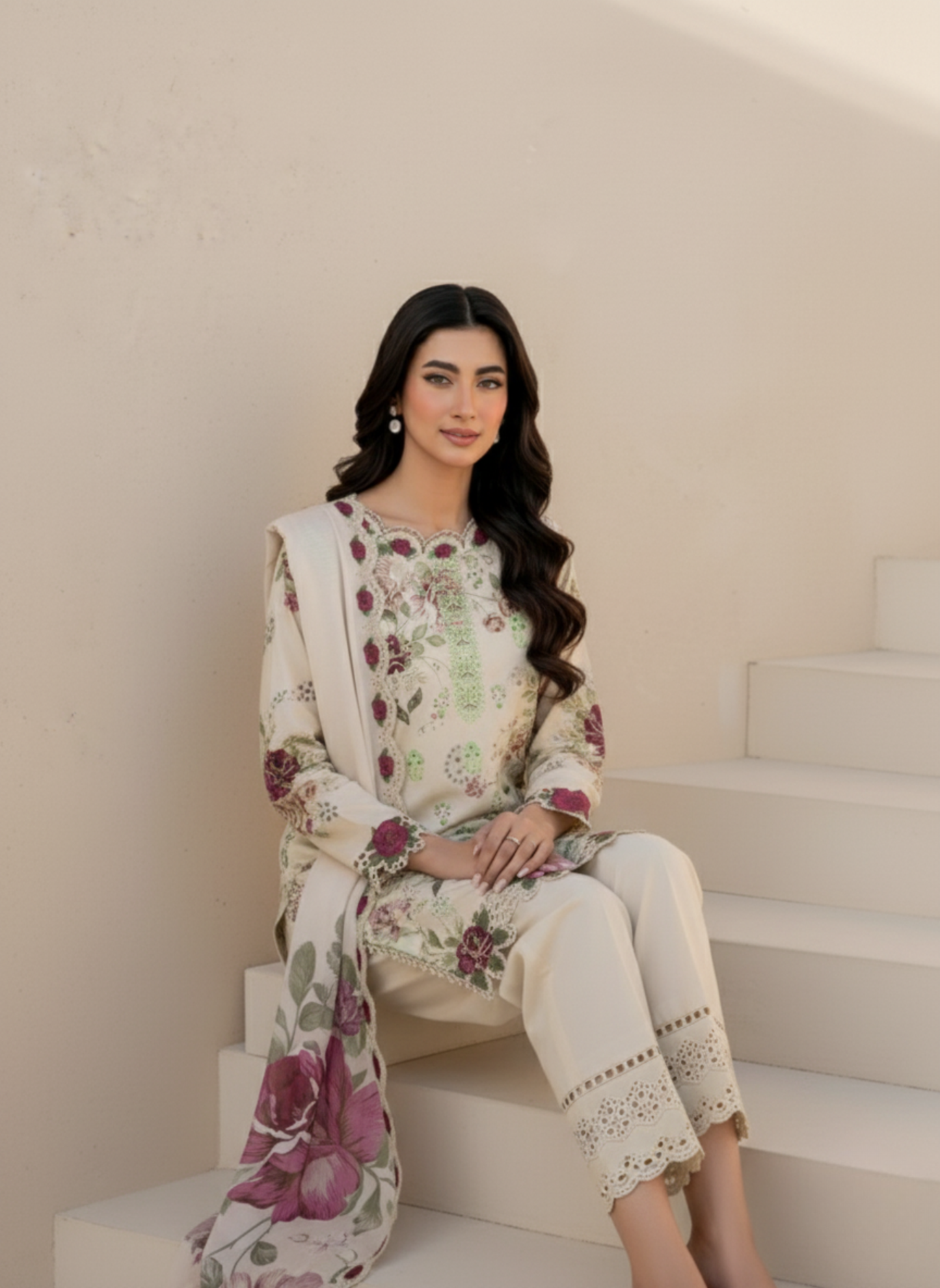 Cream Floral Unstitched Embroidered 3-Piece Lawn Suit with Matching Chiffon Dupatta