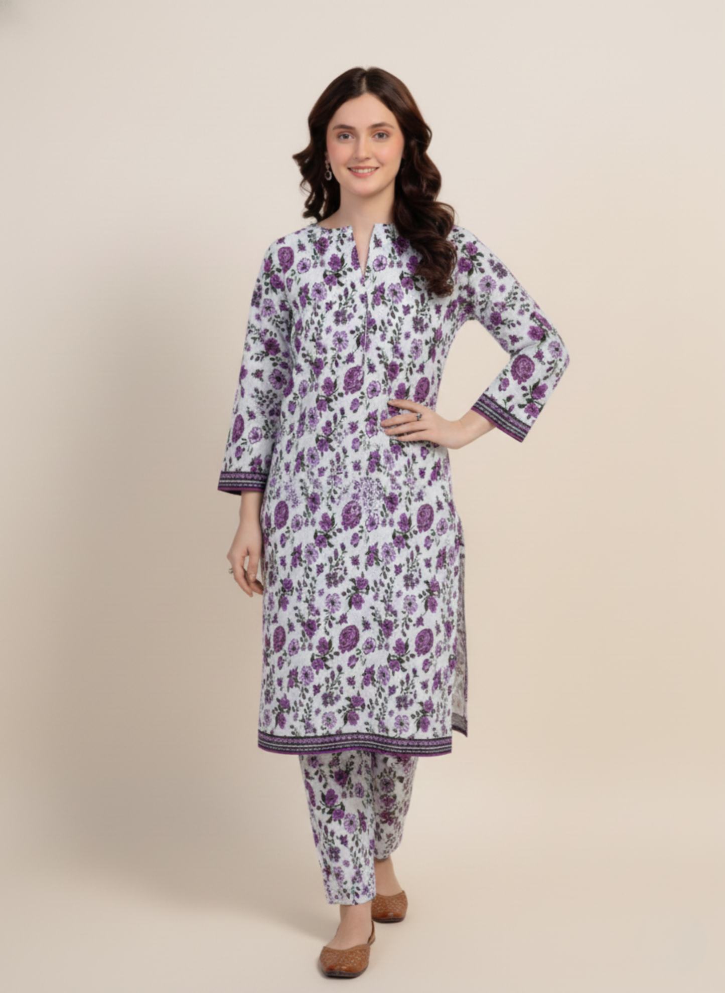 Cream & Purple Floral Unstitched Embroidered 3-Piece Suit with Matching Chiffon Dupatta