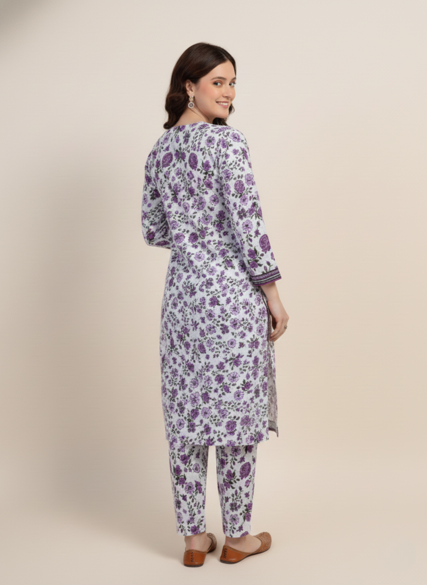 Cream & Purple Floral Unstitched Embroidered 3-Piece Suit with Matching Chiffon Dupatta