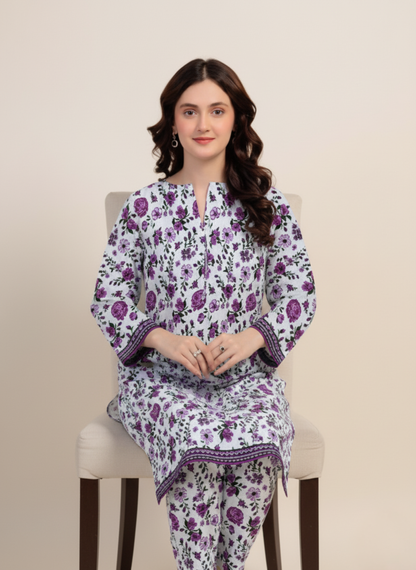 Cream & Purple Floral Unstitched Embroidered 3-Piece Suit with Matching Chiffon Dupatta
