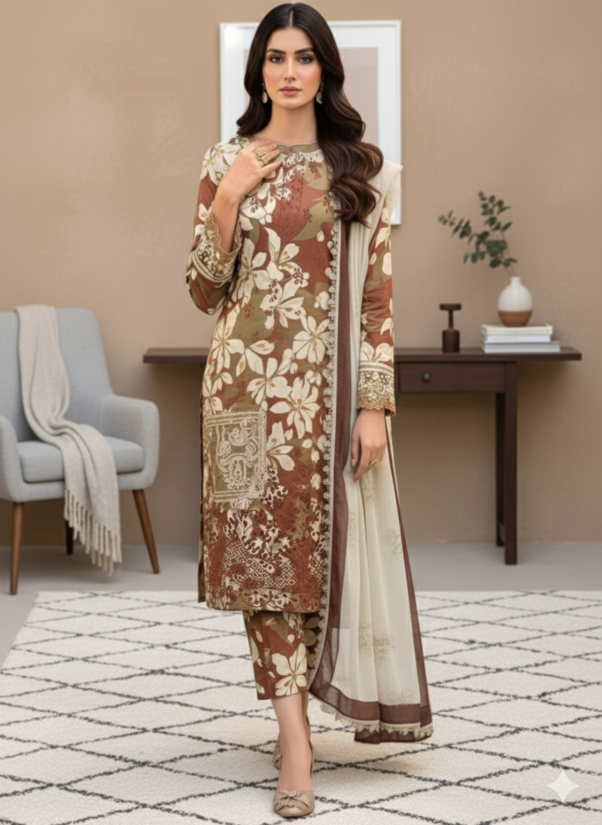 Coffee & Beige Floral Untitched Embroidered 3-Piece Suit with Matching Chiffon Dupatta