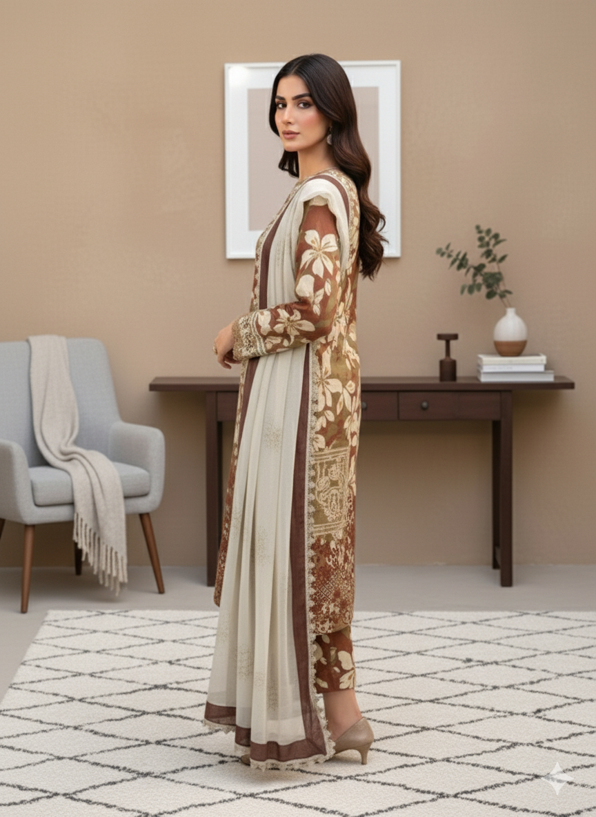 Coffee & Beige Floral Untitched Embroidered 3-Piece Suit with Matching Chiffon Dupatta