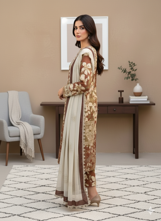 Coffee & Beige Floral Untitched Embroidered 3-Piece Suit with Matching Chiffon Dupatta