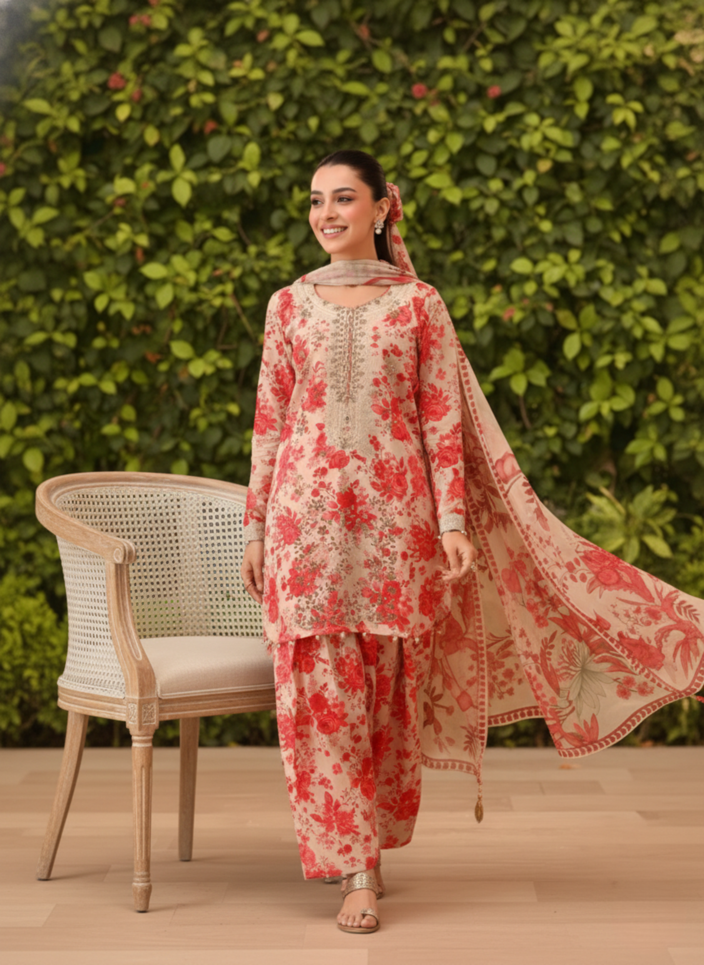 Beige & Red Floral Embroidered 3-Piece Unstitched Suit with Matching Chiffon Dupatta