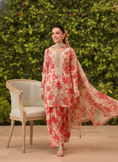 Beige & Red Floral Embroidered 3-Piece Unstitched Suit with Matching Chiffon Dupatta