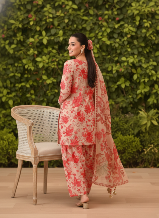 Beige & Red Floral Embroidered 3-Piece Unstitched Suit with Matching Chiffon Dupatta
