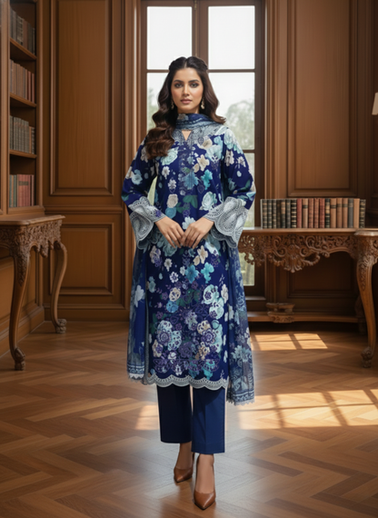 Navy Blue & Aqua Floral Unstitched Embroidered 3-Piece Suit with Matching Chiffon Dupatta
