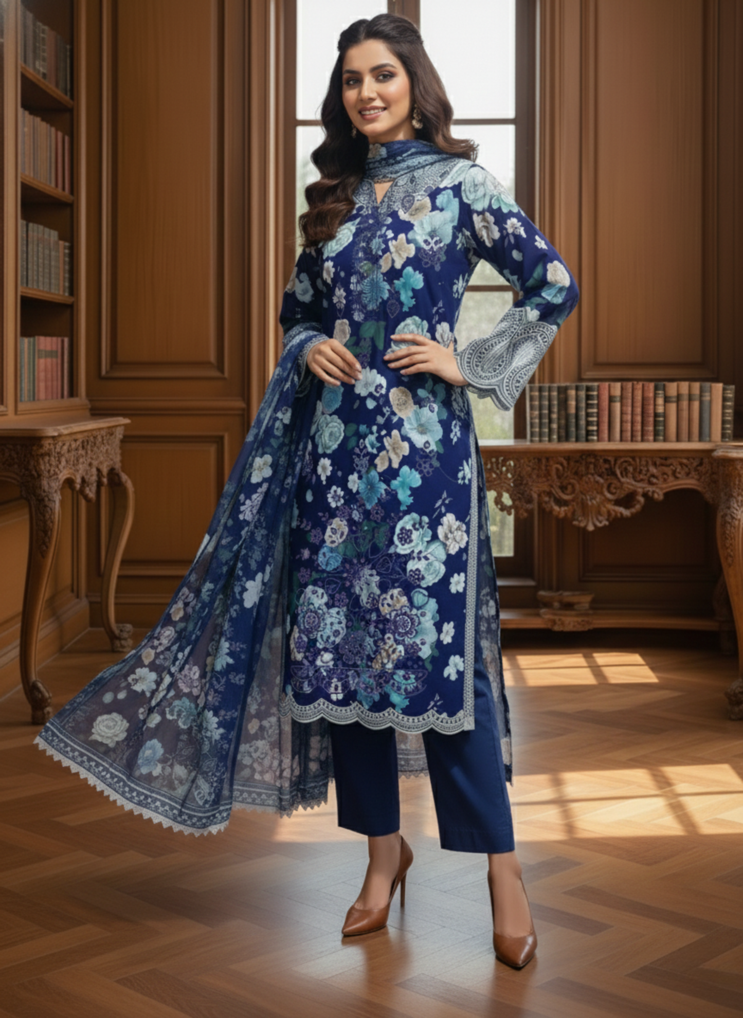 Navy Blue & Aqua Floral Unstitched Embroidered 3-Piece Suit with Matching Chiffon Dupatta