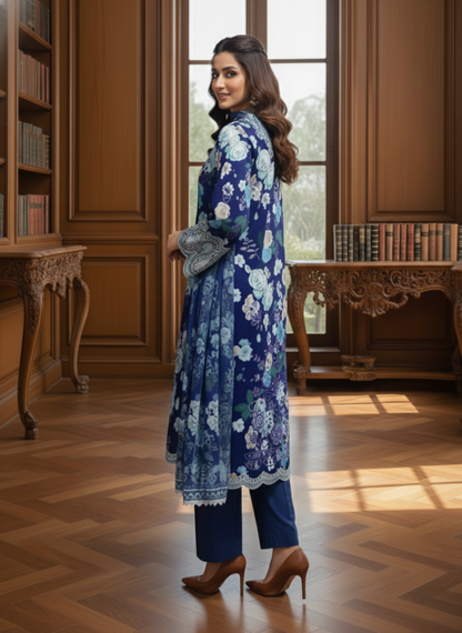 Navy Blue & Aqua Floral Unstitched Embroidered 3-Piece Suit with Matching Chiffon Dupatta