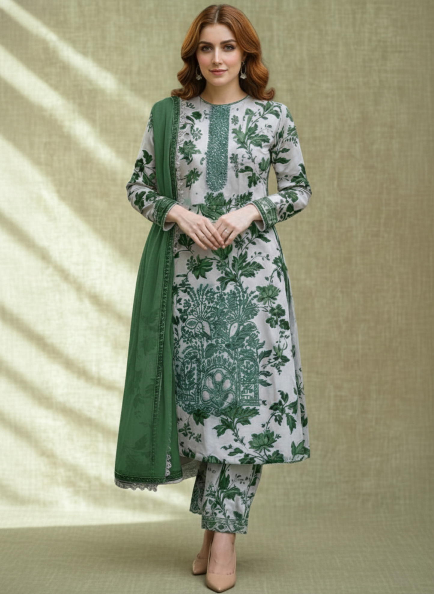 White & Emerald Green Unstitched Embroidered 3-Piece Suit with Matching Chiffon Dupatta