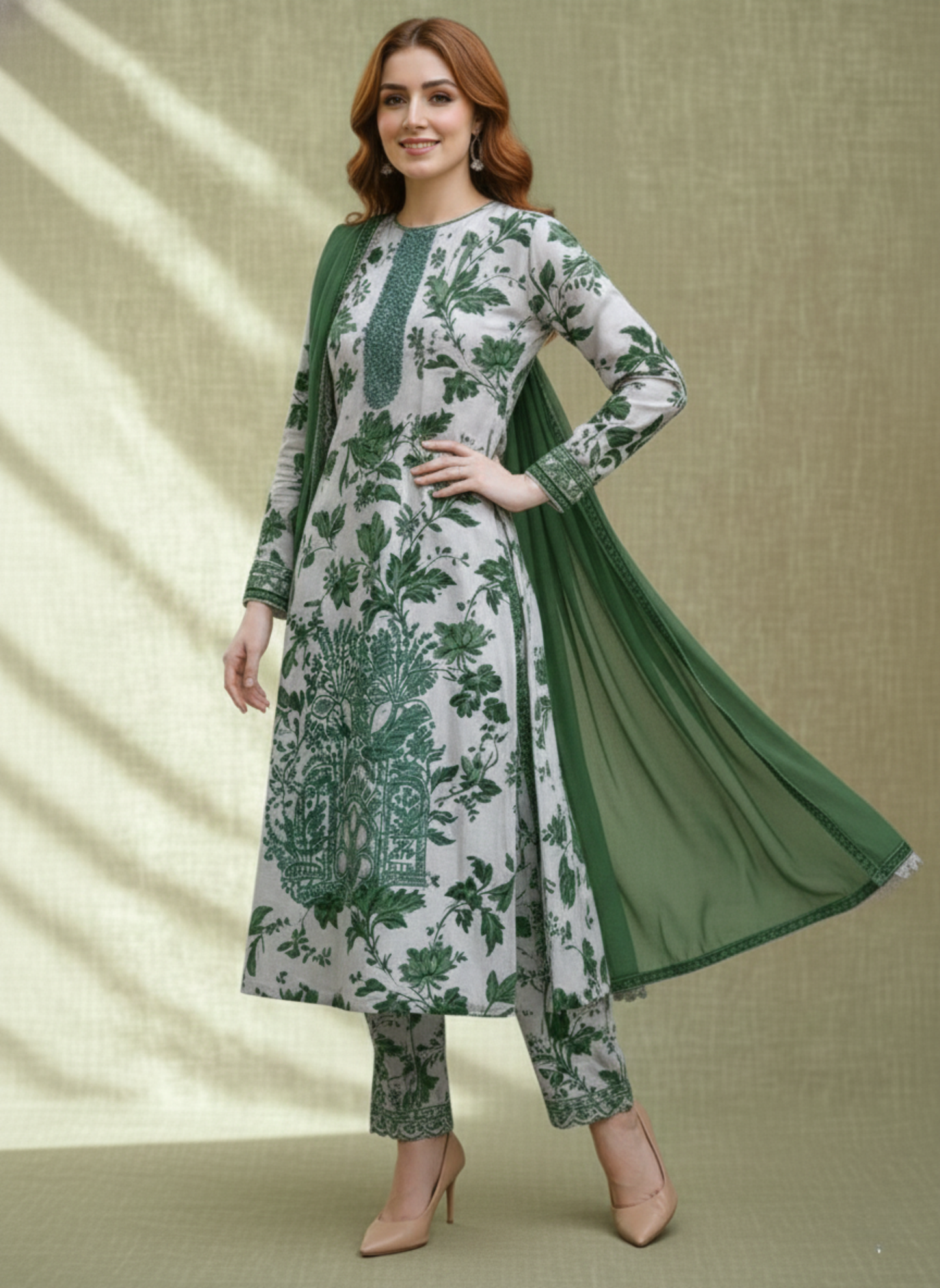 White & Emerald Green Unstitched Embroidered 3-Piece Suit with Matching Chiffon Dupatta
