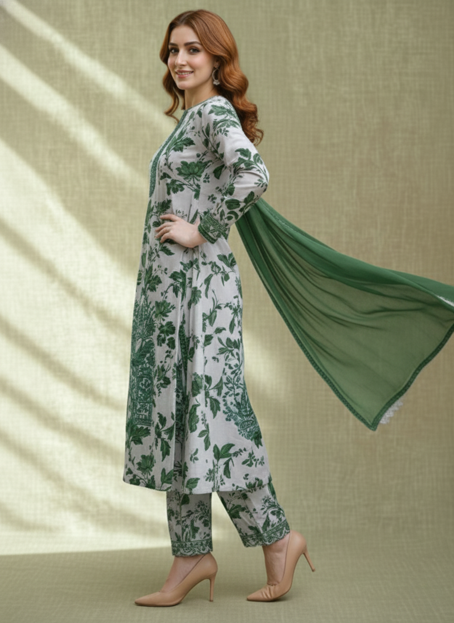 White & Emerald Green Unstitched Embroidered 3-Piece Suit with Matching Chiffon Dupatta