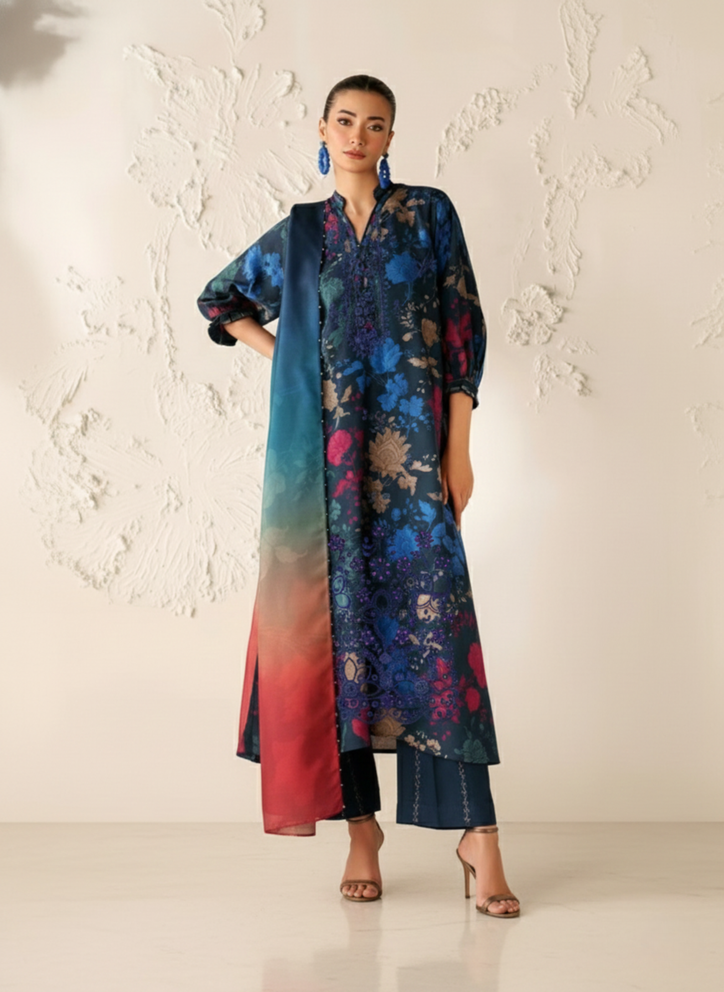 Midnight Blue Multicolor Unstitched Embroidered 3-Piece Suit with Ombre Chiffon Dupatta