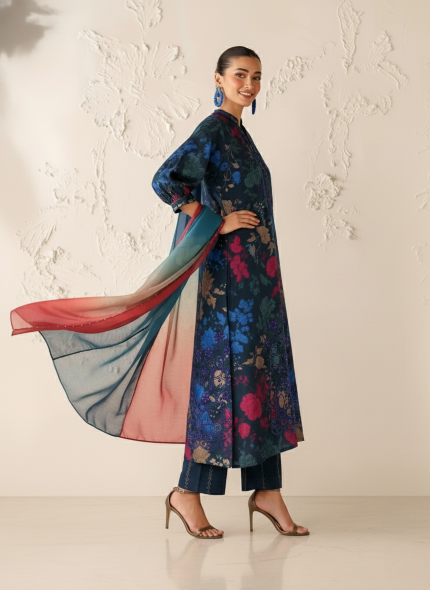 Midnight Blue Multicolor Unstitched Embroidered 3-Piece Suit with Ombre Chiffon Dupatta