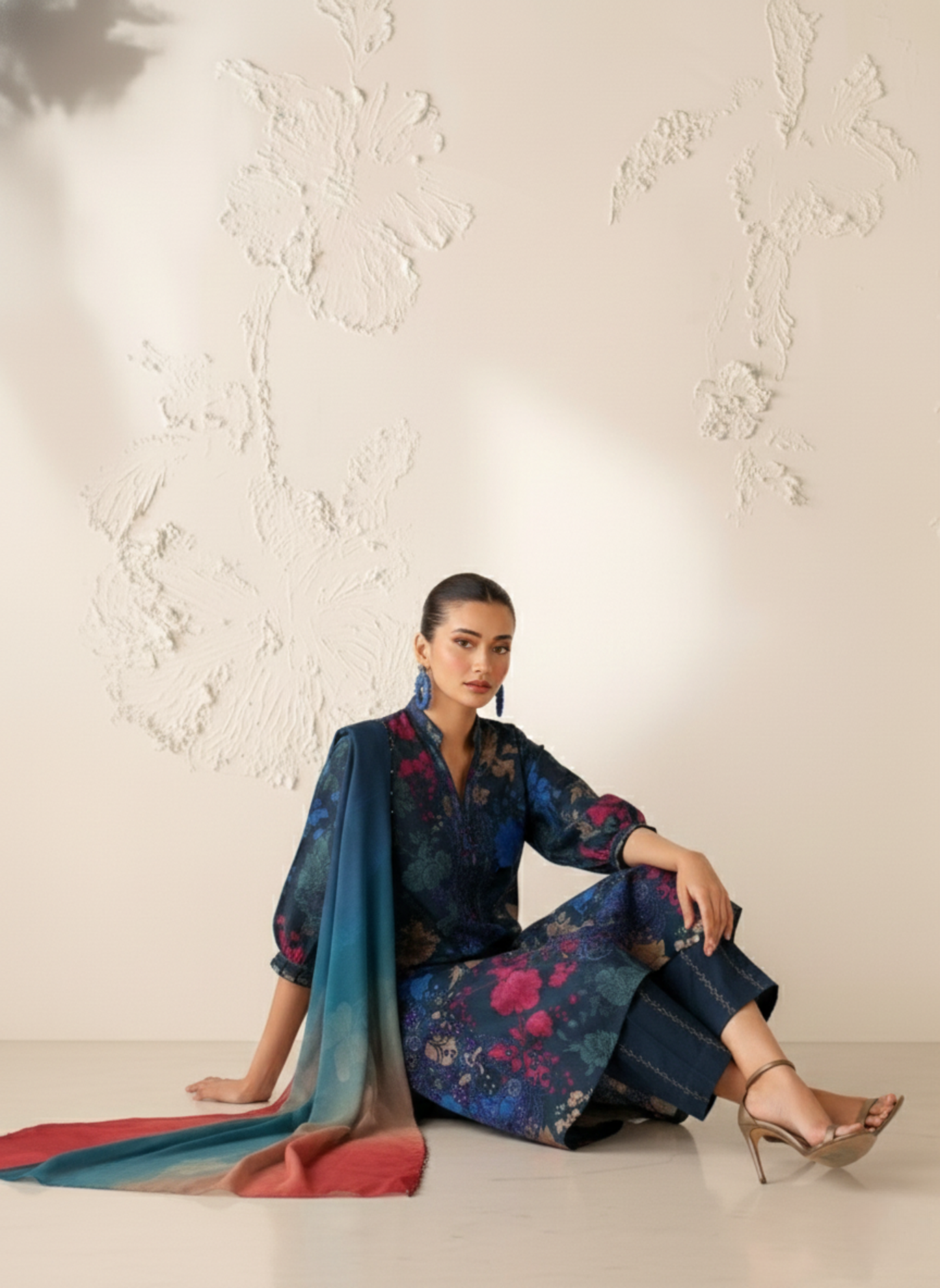 Midnight Blue Multicolor Unstitched Embroidered 3-Piece Suit with Ombre Chiffon Dupatta