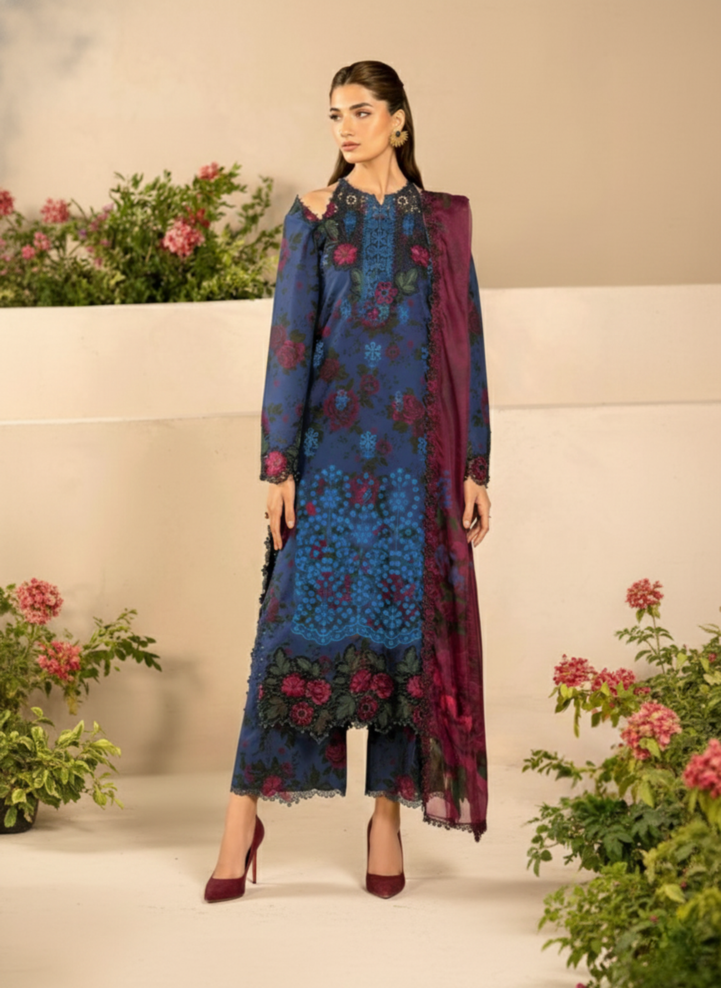 Royal Blue & Plum Floral Unstitched Embroidered 3-Piece Suit with Matching Chiffon Dupatta
