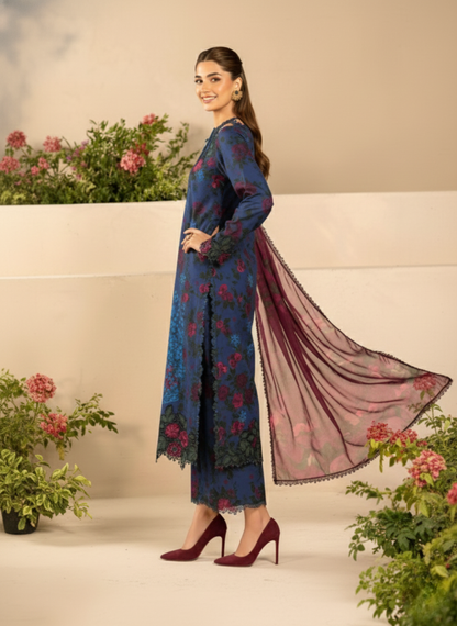 Royal Blue & Plum Floral Unstitched Embroidered 3-Piece Suit with Matching Chiffon Dupatta