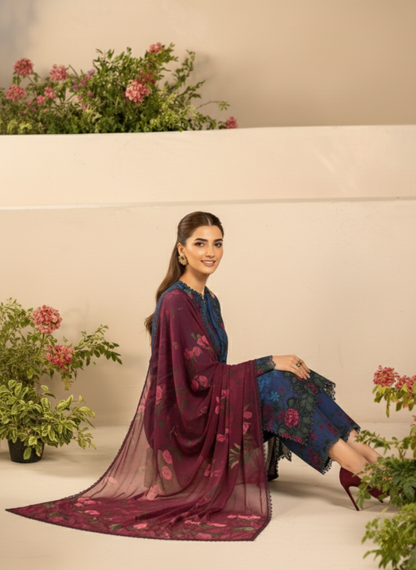 Royal Blue & Plum Floral Unstitched Embroidered 3-Piece Suit with Matching Chiffon Dupatta