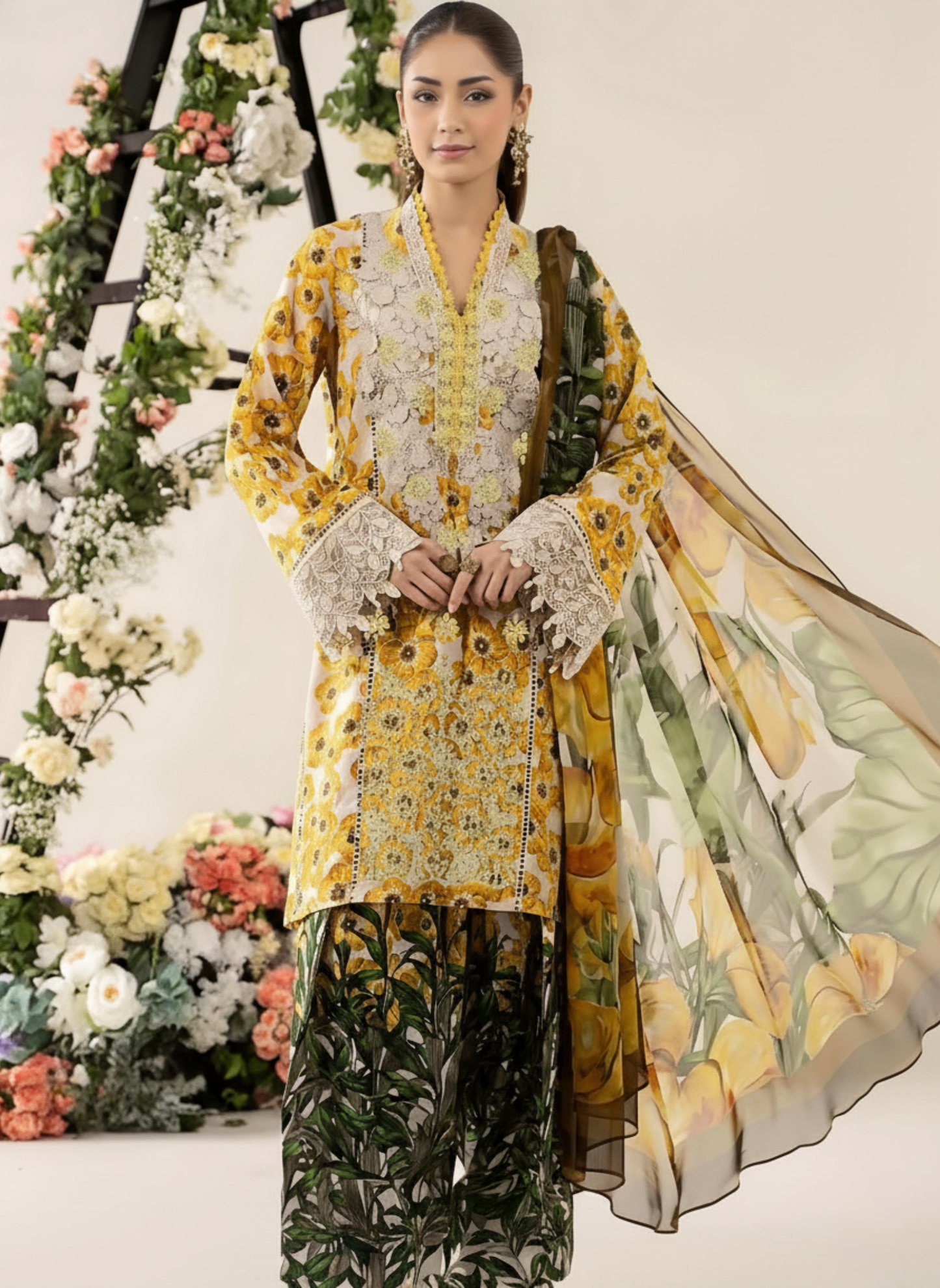 Sunflower Yellow Unstitched Embroidered 3-Piece Suit with Printed Chiffon Dupatta