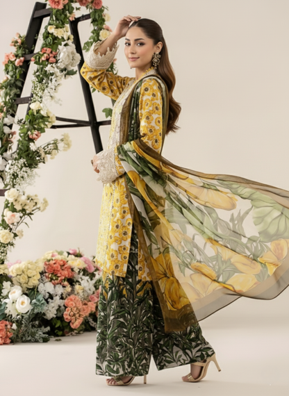 Sunflower Yellow Unstitched Embroidered 3-Piece Suit with Printed Chiffon Dupatta