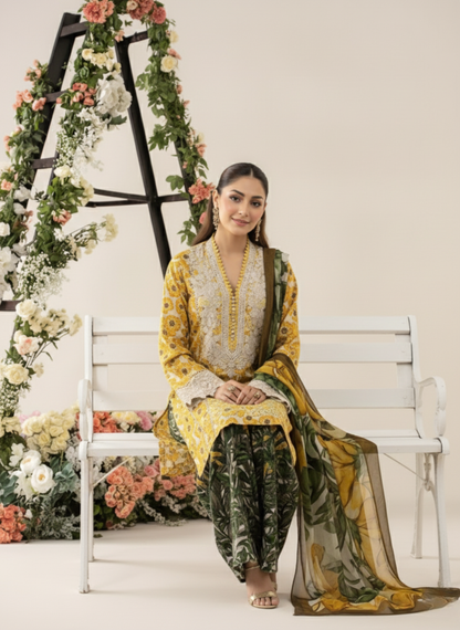 Sunflower Yellow Unstitched Embroidered 3-Piece Suit with Printed Chiffon Dupatta