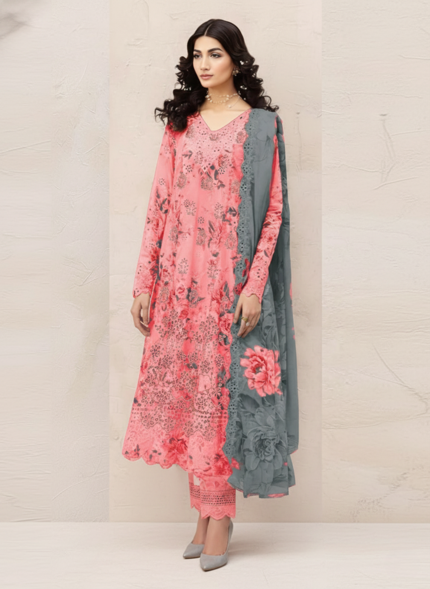 Blush Pink Unstitched Embroidered 3-Piece Suit with Charcoal Grey Chiffon Dupatta