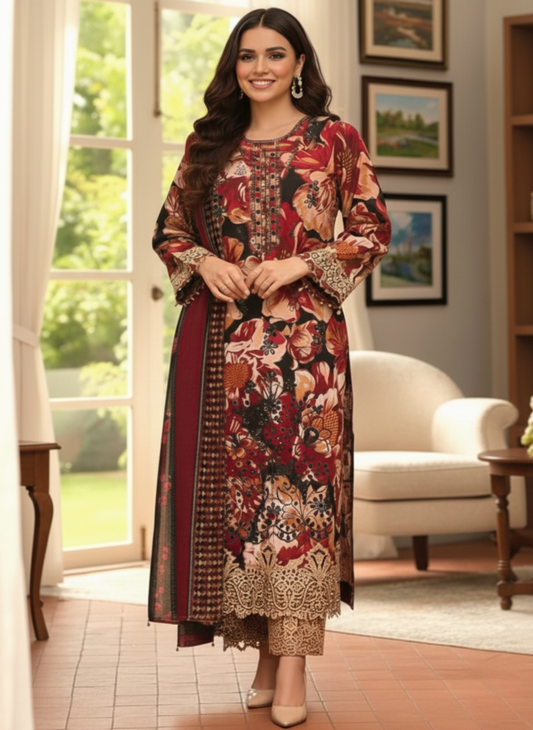 Maroon & Beige Unstitched Embroidered 3-Piece Suit with Printed Chiffon Dupatta