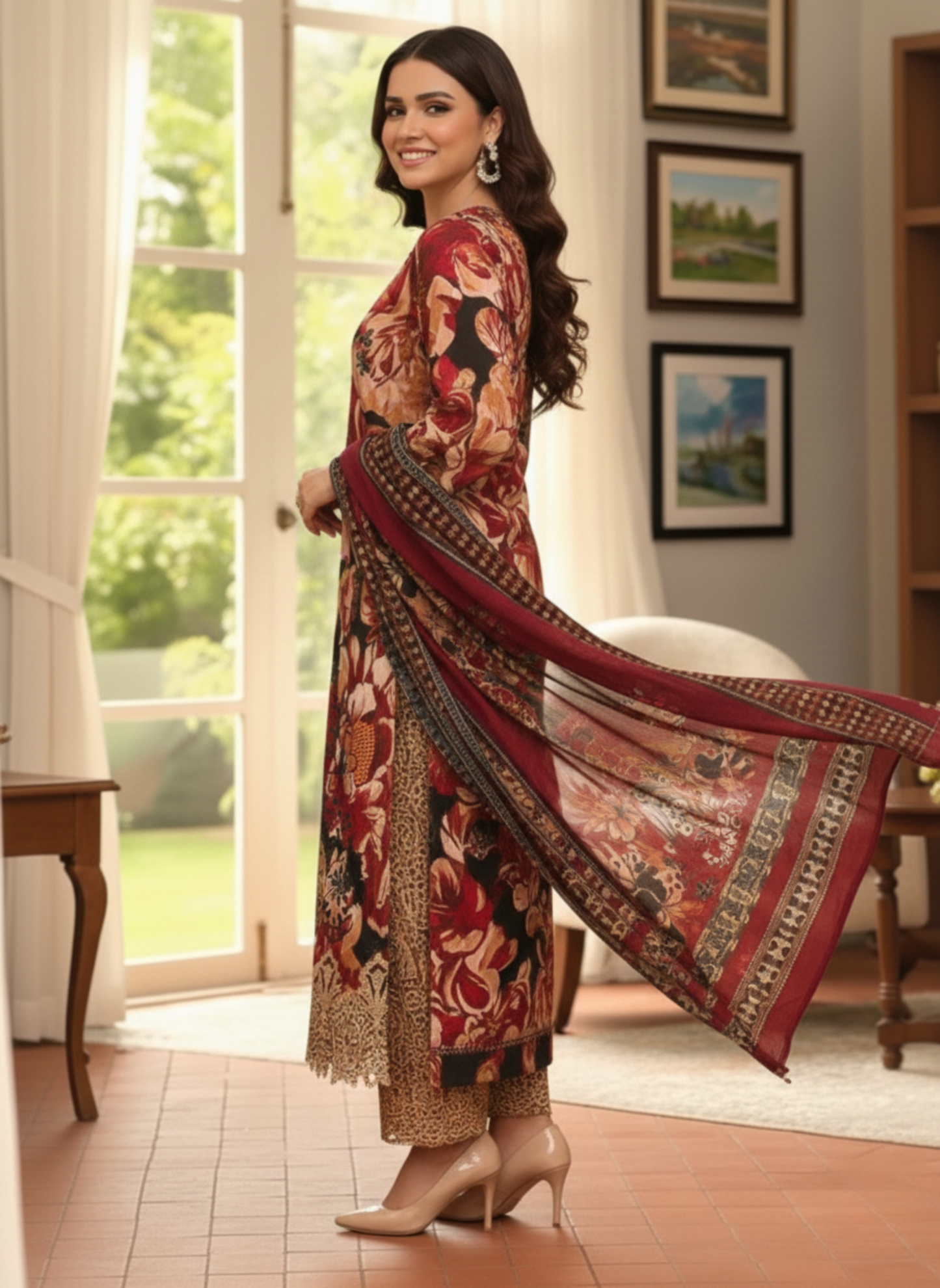 Maroon & Beige Unstitched Embroidered 3-Piece Suit with Printed Chiffon Dupatta