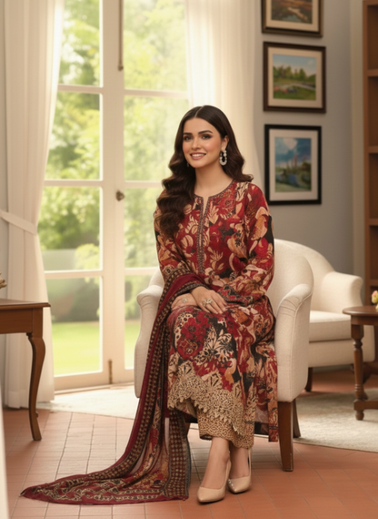 Maroon & Beige Unstitched Embroidered 3-Piece Suit with Printed Chiffon Dupatta
