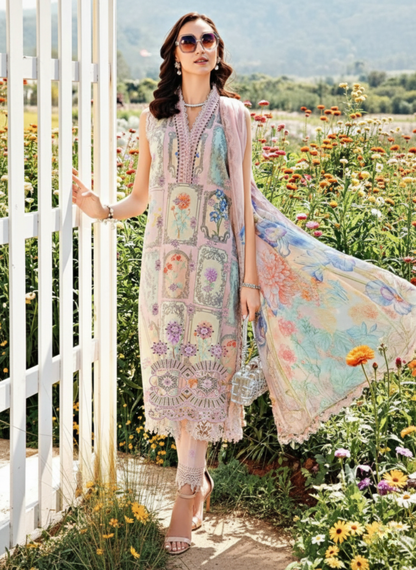 Pastel Pink Unstitched Embroidered 3-Piece Suit with Printed Chiffon Dupatta