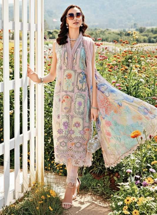 Pastel Pink Unstitched Embroidered 3-Piece Suit with Printed Chiffon Dupatta