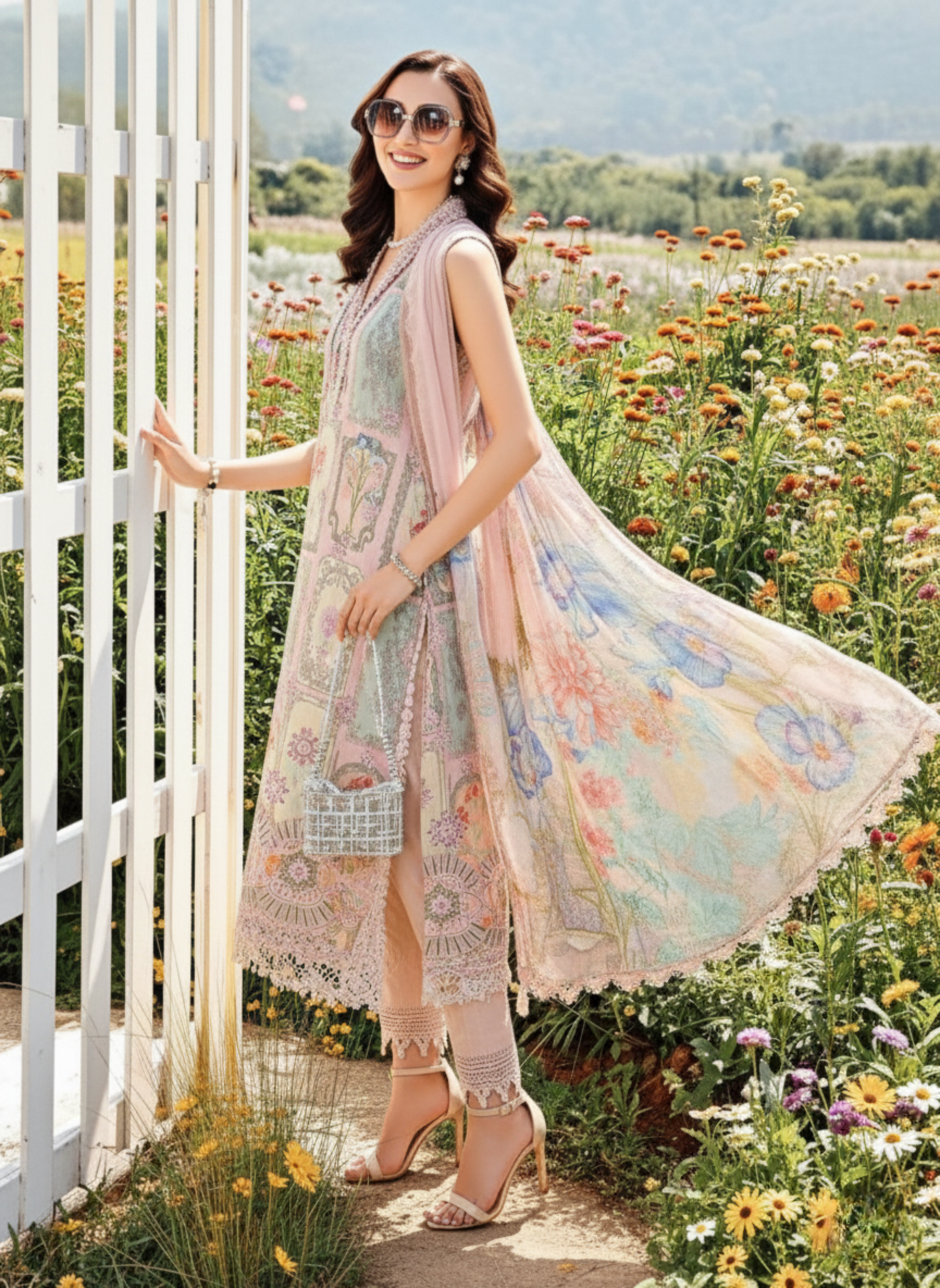 Pastel Pink Unstitched Embroidered 3-Piece Suit with Printed Chiffon Dupatta