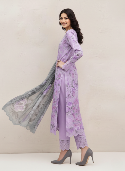Lavender Unstitched Embroidered 3-Piece Suit with Printed Chiffon Dupatta