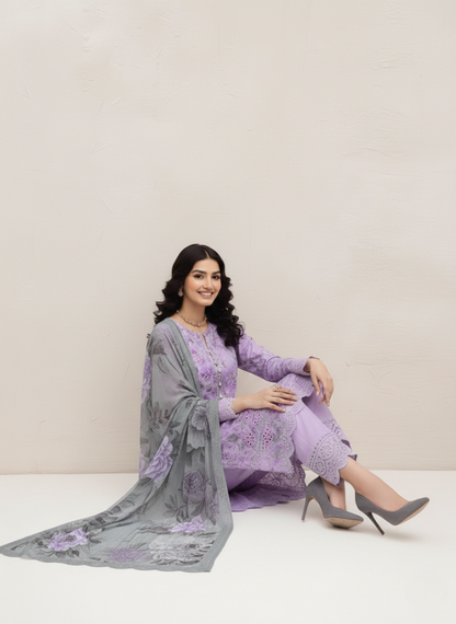 Lavender Unstitched Embroidered 3-Piece Suit with Printed Chiffon Dupatta