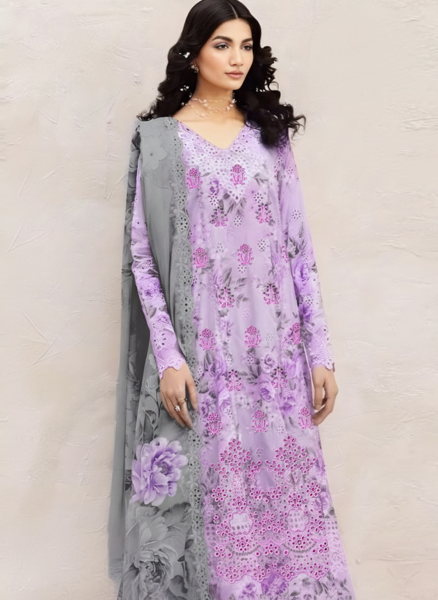 Lavender Unstitched Embroidered 3-Piece Suit with Printed Chiffon Dupatta