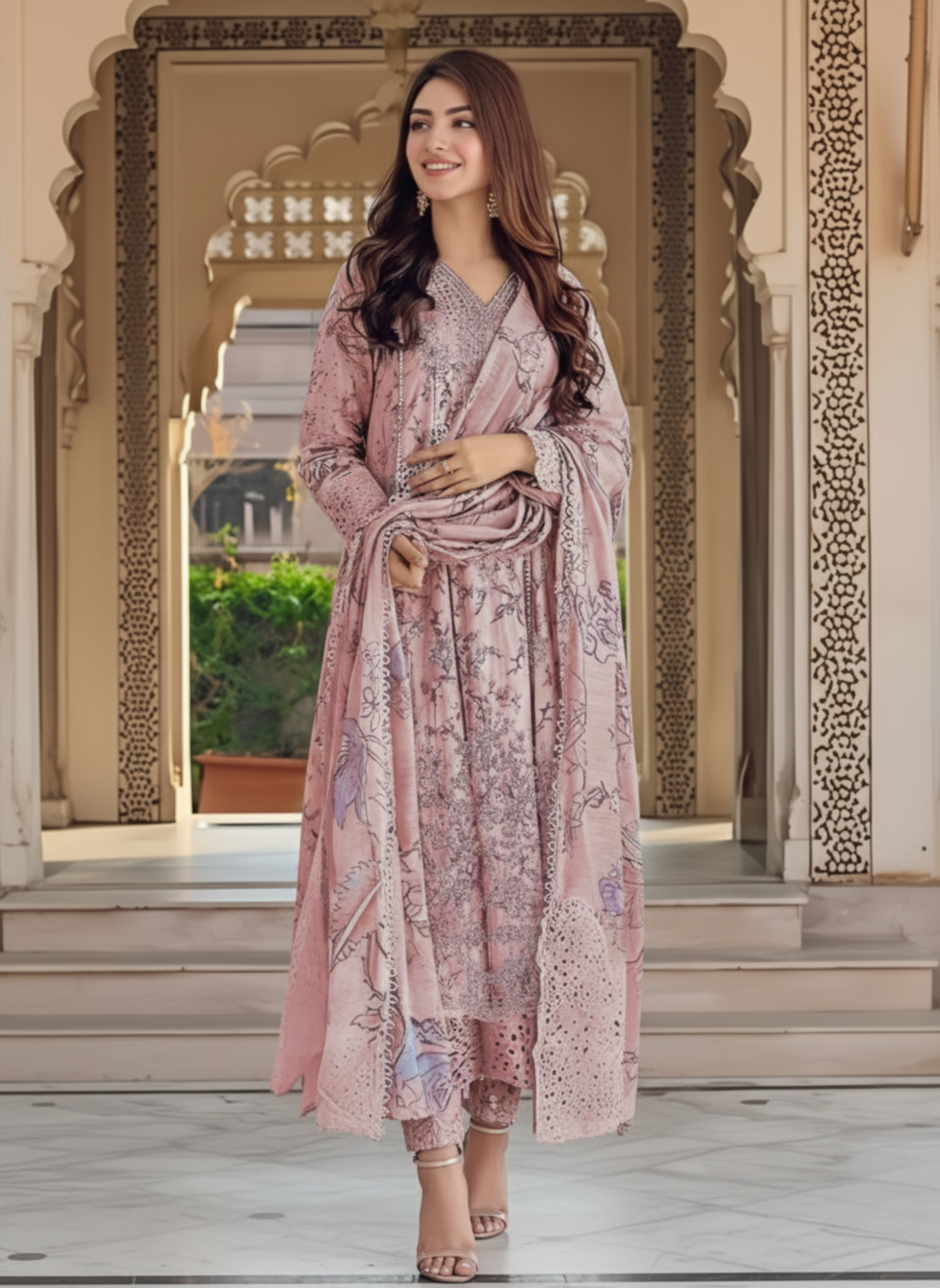 Dusty Rose Unstitched Embroidered Lawn 3-Piece Suit with Printed Chiffon Dupatta
