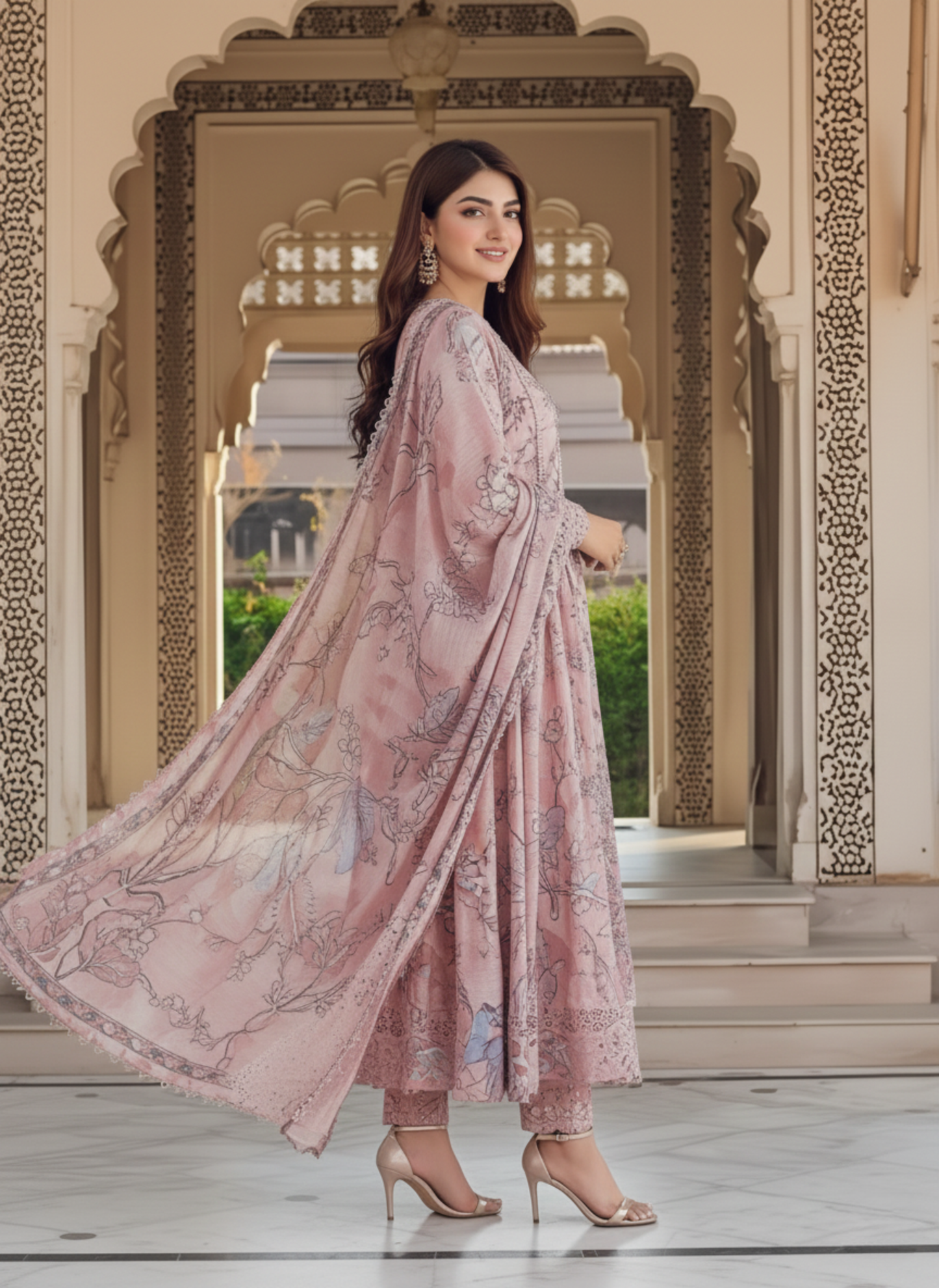 Dusty Rose Unstitched Embroidered Lawn 3-Piece Suit with Printed Chiffon Dupatta