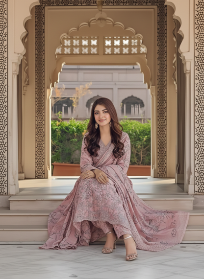 Dusty Rose Unstitched Embroidered Lawn 3-Piece Suit with Printed Chiffon Dupatta