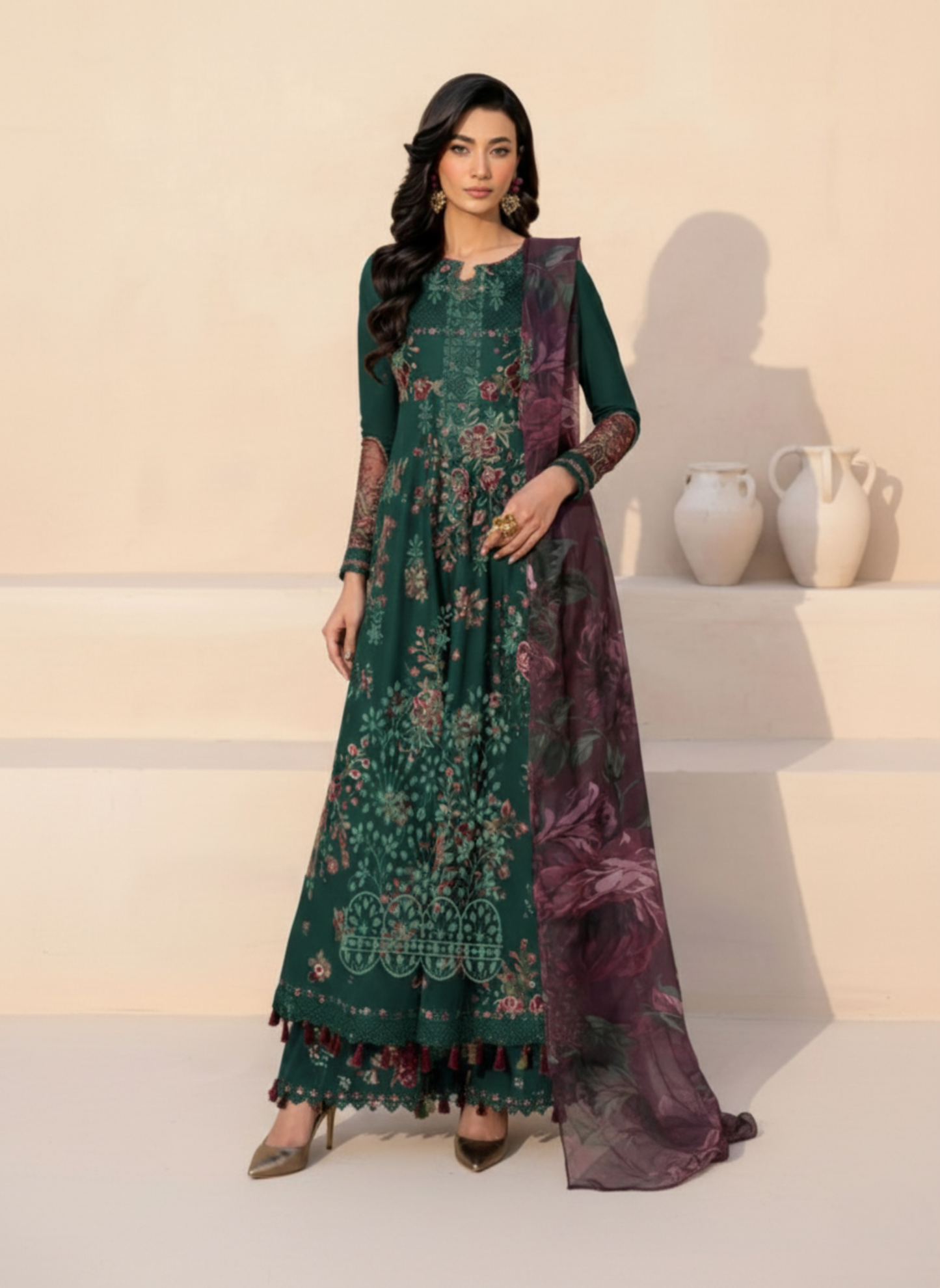 Deep Emerald Unstitched Embroidered Lawn 3-Piece Suit with Chiffon Dupatta