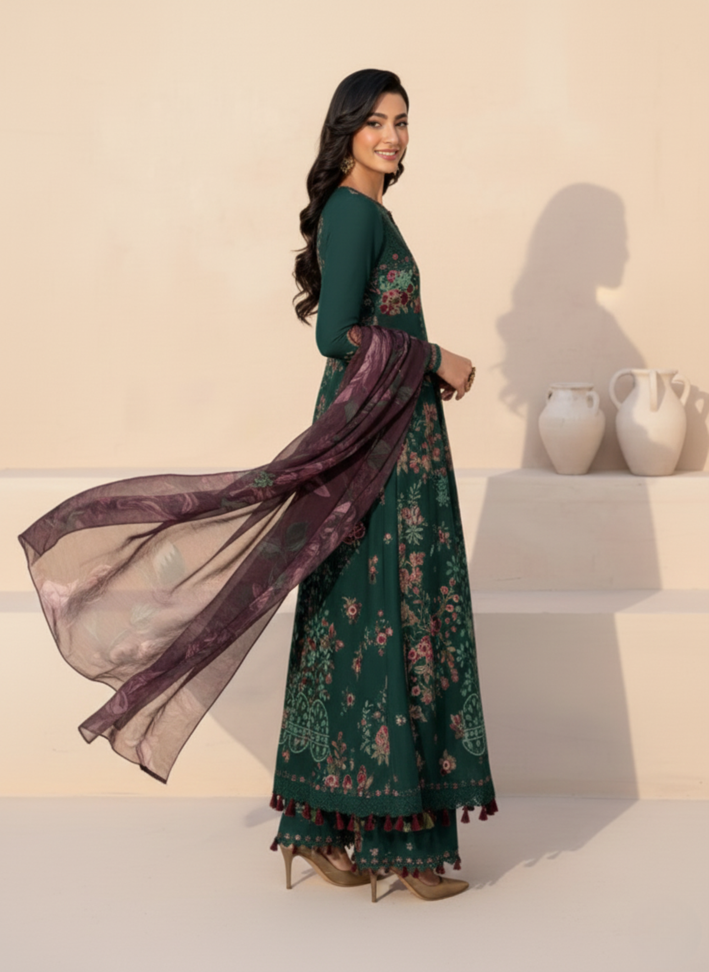 Deep Emerald Unstitched Embroidered Lawn 3-Piece Suit with Chiffon Dupatta