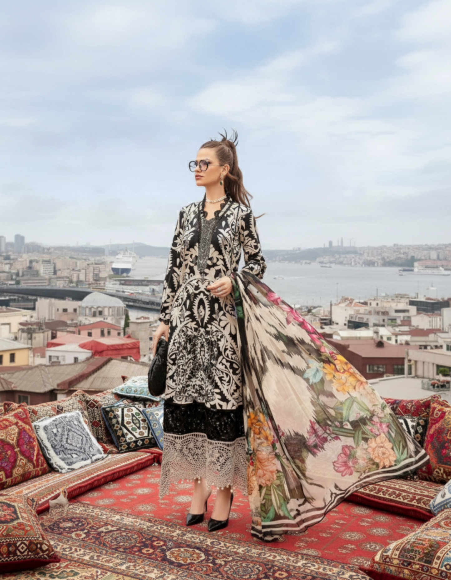 Black & Beige Unstitched Printed Embroidered Lawn 3-Piece Suit with Chiffon Dupatta