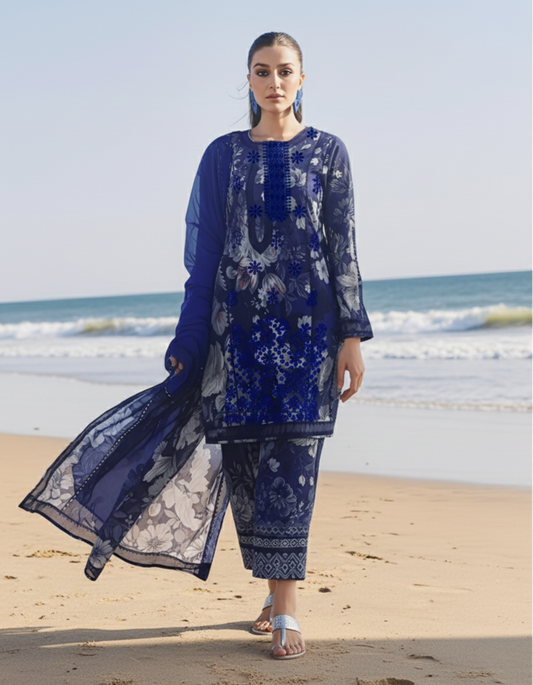 Midnight Navy Unstitched Embroidered Lawn 3-Piece Suit with Chiffon Dupatta