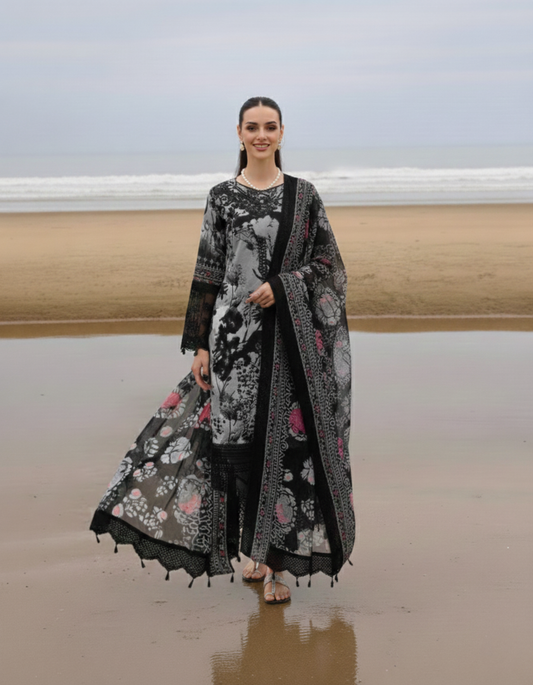 Black & Grey Unstitched Embroidered Lawn Suit with Printed Chiffon Dupatta – 3-Piece Pakistani Dress