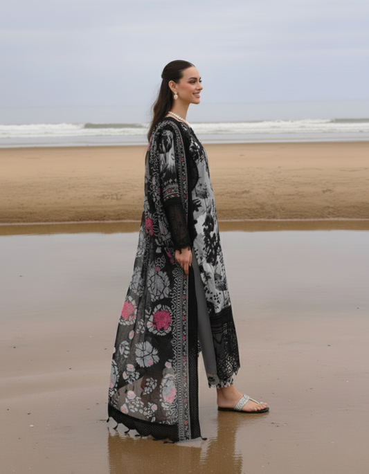 Black & Grey Unstitched Embroidered Lawn Suit with Printed Chiffon Dupatta – 3-Piece Pakistani Dress