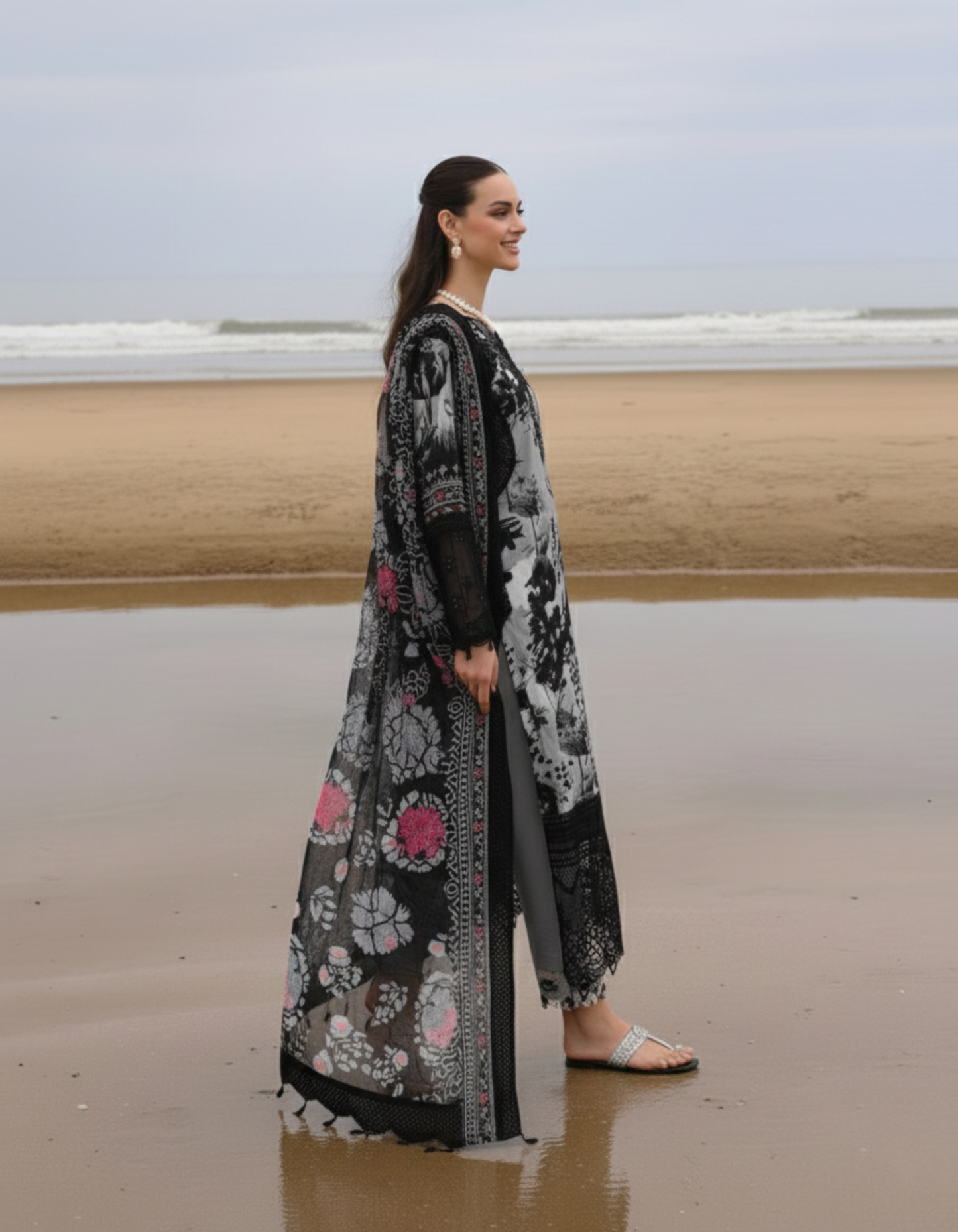 Black & Grey Unstitched Embroidered Lawn Suit with Printed Chiffon Dupatta – 3-Piece Pakistani Dress