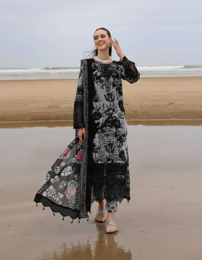 Black & Grey Unstitched Embroidered Lawn Suit with Printed Chiffon Dupatta – 3-Piece Pakistani Dress