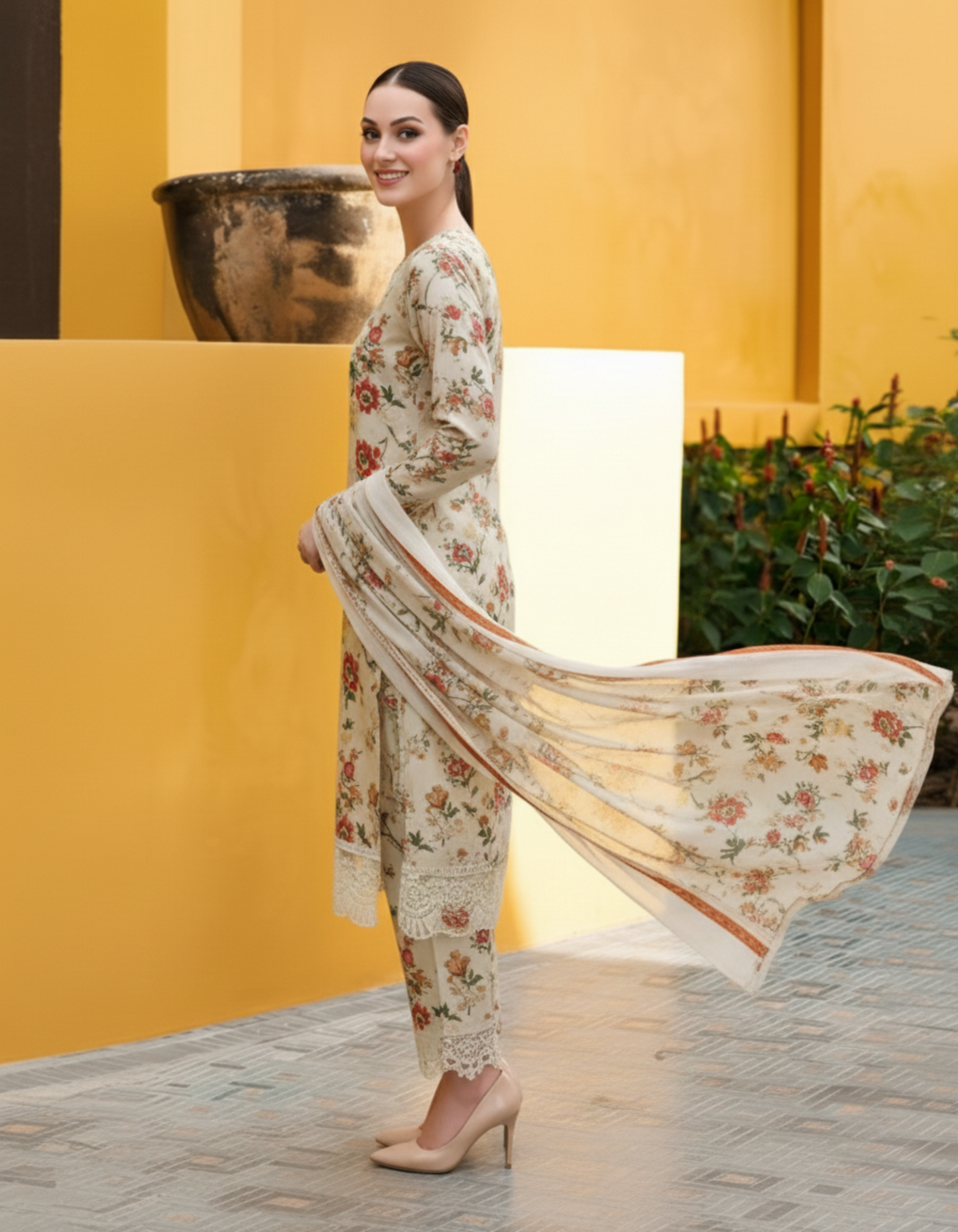 Elegant Beige Floral Printed and Embroidered Lawn Suit with Chiffon Dupatta – Luxury 3-Piece Unstitched