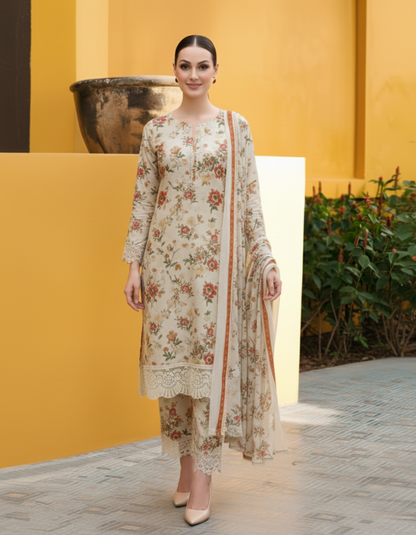 Elegant Beige Floral Printed and Embroidered Lawn Suit with Chiffon Dupatta – Luxury 3-Piece Unstitched