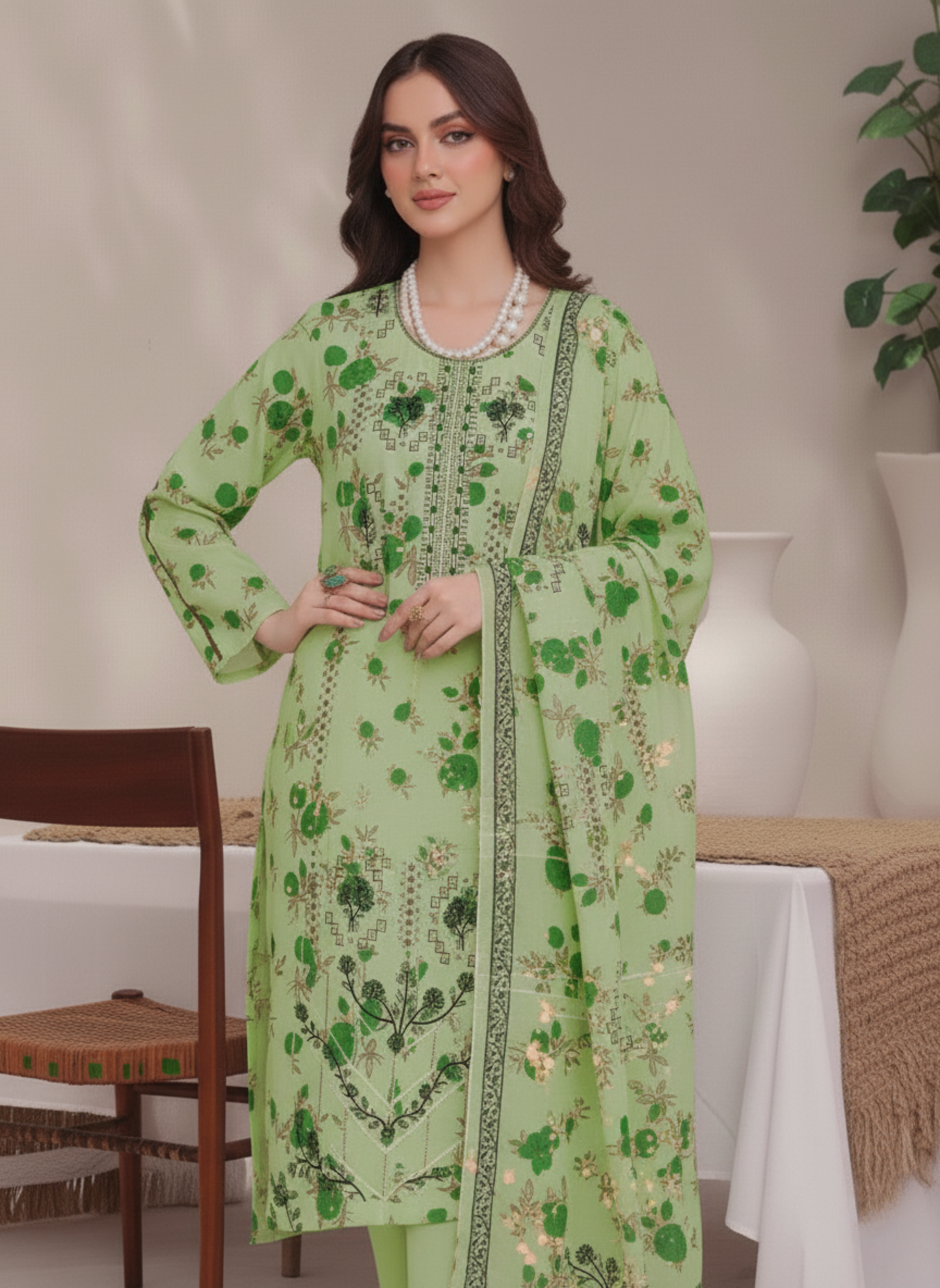 Pistachio Green Embroidered Lawn Suit with Digital Print Dupatta – 3-Piece Unstitched